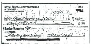 A check for $8,000 made out to Francis Heating and Cooling, dated on the day Miriam Carey died.